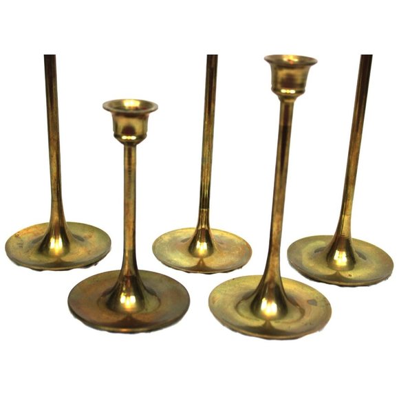 Vtg 1970s 5 Brass Taper Candlesticks Holders Graduating Dinner Tiered Skinny - Picture 3 of 7